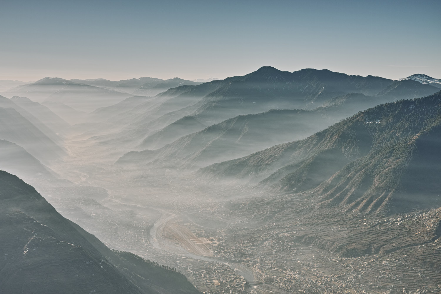 Beas river meandering through Kullu valley as seen from Bijli Mahadev temple